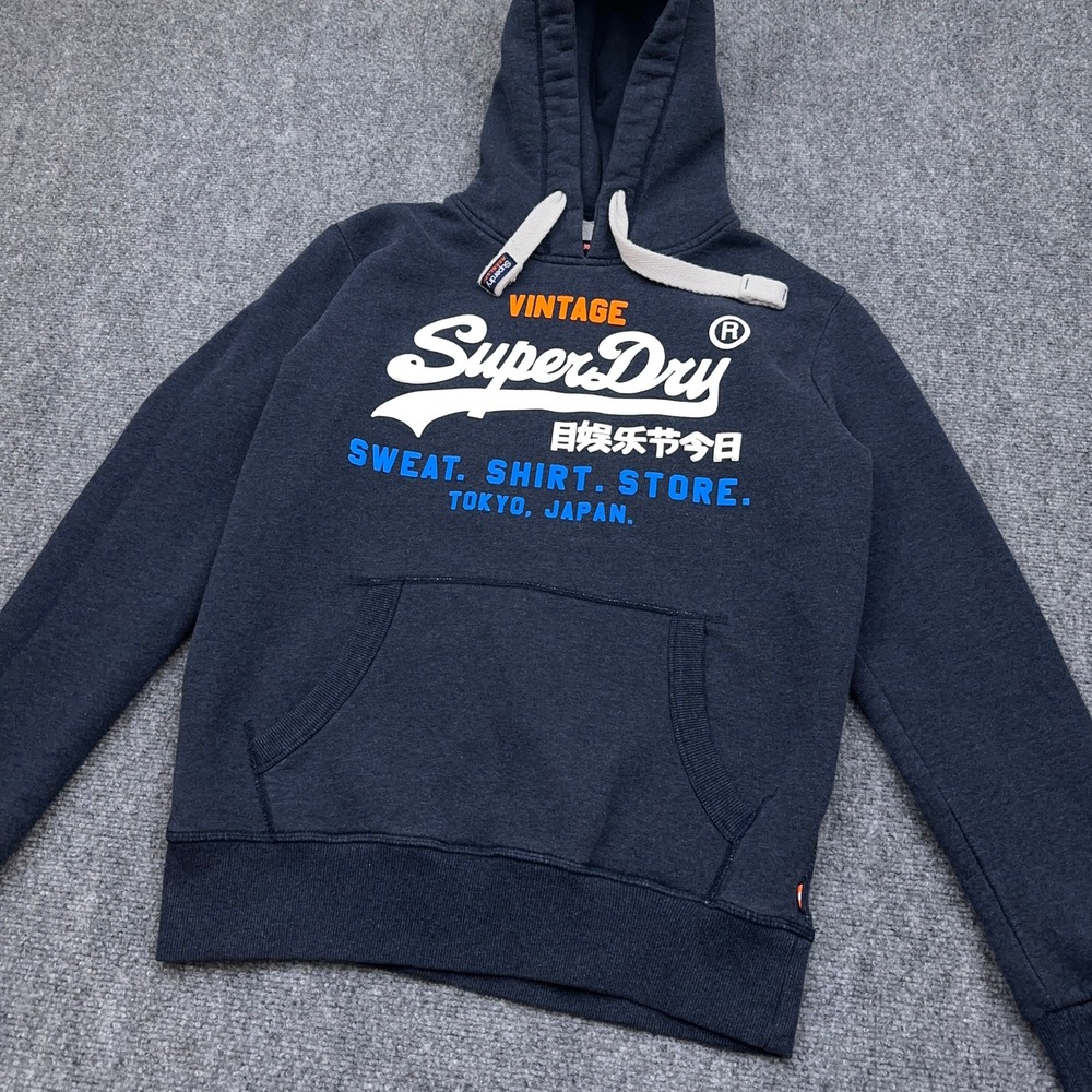 Superdry Vintage Logo Store Hoodie Men's Large Navy Blue Graphic Pullover 3D